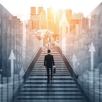 Double Exposure Image of Business Profit Growth Double Exposure Image of Business and Finance - Businessman with report chart up forward to financial profit growth of stock market investment.